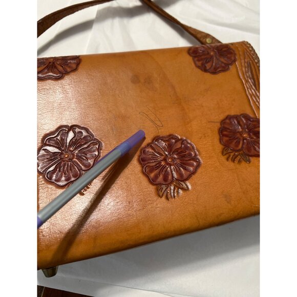 Vintage Southwestern Tooled Leather Shoulder Bag With Floral Design - Picture 11 of 14
